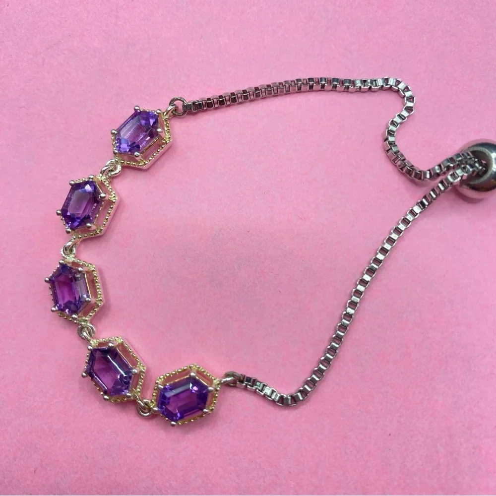 Amethyst Bracelet STS KARIS .925 Sterling Five Gemstones On Box Chain